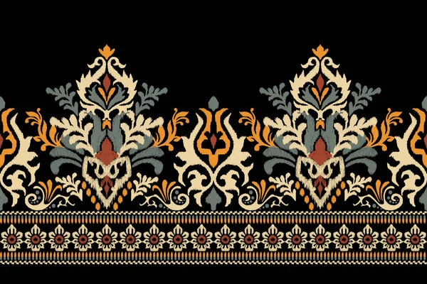 Ikat Květinové Paisley Výšivky Černém Pozadí Ikat Etnický Orientální Vzor — Stockový vektor