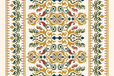 Beyaz arka plana Ikat desenli desenli işleme.Etnik oryantal desen geleneği. Doku, kumaş, giysi, ambalaj, dekorasyon, atkı, halı için soyut vektör çizimi.