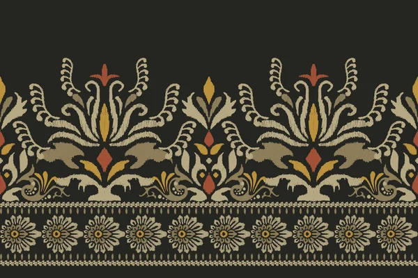 Ikat Floral Paisley Embroidery Dark Green Background Ikat Ethnic Oriental — 스톡 벡터