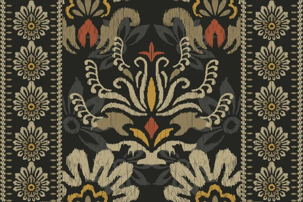 ダークグリーンの背景にイカットの花のペイズリー刺繍 イカットの民族的な東洋のパターンの伝統 アステカスタイル抽象的なベクトルのイラスト — ストックベクタ