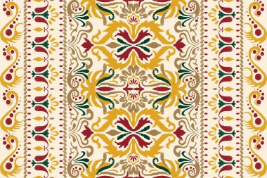 Beyaz arka plana Ikat desenli desenli işleme.Etnik oryantal desen geleneği. Doku, kumaş, giysi, ambalaj, dekorasyon, atkı, halı için soyut vektör çizimi.