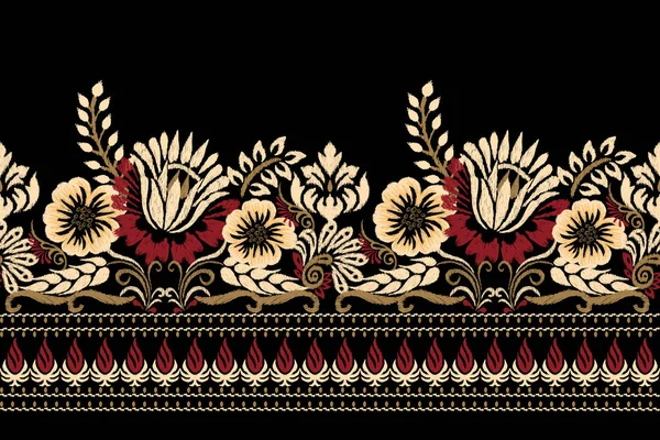 Damask Ikat Floral Paisley Κεντήματα Μαύρο Φόντο Ikat Έθνικ Ανατολίτικο — Διανυσματικό Αρχείο