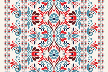 Beyaz arka plana Ikat desenli desenli işleme.Etnik oryantal desen geleneği. Doku, kumaş, giysi, ambalaj, dekorasyon, atkı, halı için soyut vektör çizimi.