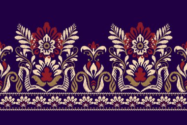 Mor arka plana Ikat desenli desenli desenli işleme.Etnik oryantal desen geleneği. Doku, kumaş, giysi, ambalaj, dekorasyon, sarong için tasarım..