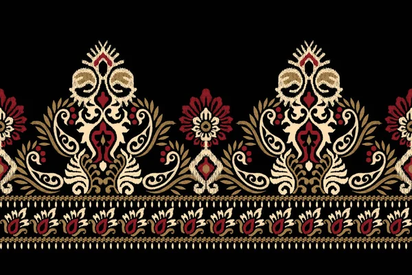 Ikat Bloemen Paisley Borduurwerk Zwarte Achtergrond Ikat Etnisch Oosters Patroon — Stockvector