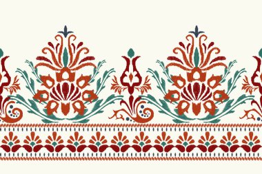 Beyaz arka plana Ikat desenli desenli işleme.Etnik oryantal desen geleneği. Doku, kumaş, giysi, ambalaj, dekorasyon, sarong, baskı için soyut vektör çizimi.