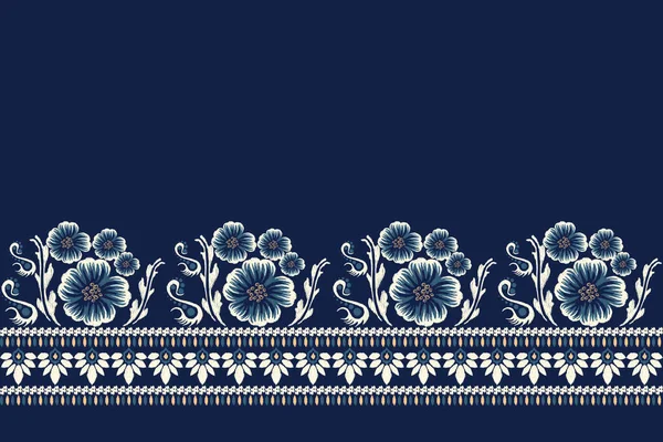Ikat Bordado Paisley Floral Sobre Fondo Azul Marino Ikat Étnica — Vector de stock