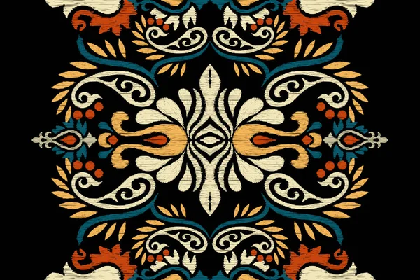 白花绣花绣花在黑色的背景上 白花绣花东方图案传统 阿兹特克风格的抽象矢量插画 地毯的设计 — 图库矢量图片
