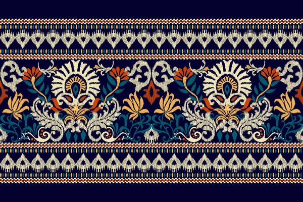 ダークパープルの背景にイカットの花のペイズリー刺繍 イカットの民族的な東洋のパターンの伝統 アステカスタイル抽象的なベクトルのイラスト — ストックベクタ