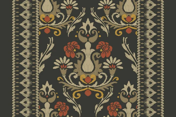 ダークグリーンの背景にイカットの花のペイズリー刺繍 イカットの民族的な東洋のパターンの伝統 アステカスタイル抽象的なベクトルのイラスト — ストックベクタ
