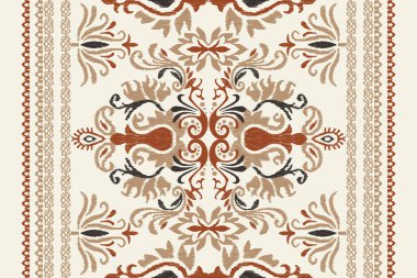 Beyaz arka plana Ikat desenli desenli işleme.Etnik oryantal desen geleneği. Doku, kumaş, giysi, ambalaj, dekorasyon, atkı, halı için soyut vektör çizimi.