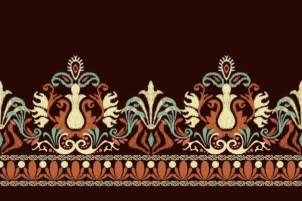 在棕色背景上的花绣花绣花 Kat东方图案传统 Aztec风格的抽象矢量插画 印刷品设计 — 图库矢量图片