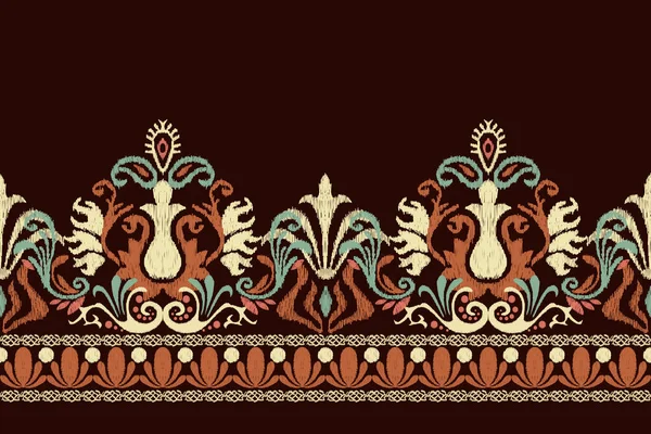 Ikat Bordado Paisley Floral Sobre Fondo Marrón Ikat Patrón Étnico — Archivo Imágenes Vectoriales