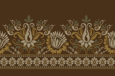 Kahverengi arka planda Ikat desenli desenli işleme.Etnik oryantal desen geleneği. Doku, kumaş, giysi, ambalaj, dekorasyon, sarong, eşarp için soyut vektör çizimi.