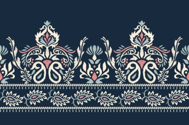 Ikat çiçekli şal desenli lacivert arka plan nakışı. Etnik oryantal desen geleneği. Doku, kumaş, giysi, ambalaj, dekorasyon, Sarong tasarımı..