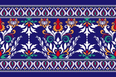 Mavi arka plana Ikat desenli desenli işleme.Etnik oryantal desen geleneği. Doku, kumaş, giysi, ambalaj, dekorasyon, sarong, eşarp için soyut vektör çizimi..