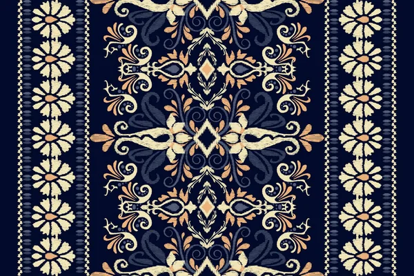在深蓝色的背景上 我可以看到蓝色的花边绣花 我可以看到东方的传统图案 阿兹特克风格的抽象矢量插图 地毯的设计 — 图库矢量图片