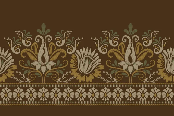 Ikat Floral Paisley Embroidery Brown Background Ikat Ethnic Oriental Pattern — 스톡 벡터