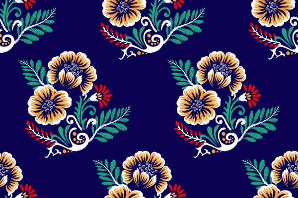 Ikat Bordado Paisley Floral Sobre Fondo Azul Marino Ikat Étnico — Archivo Imágenes Vectoriales