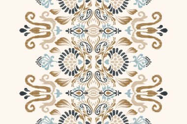 Beyaz arka plana Ikat desenli desenli işleme.Etnik oryantal desen geleneği. Doku, kumaş, giysi, ambalaj, dekorasyon, atkı, halı için soyut vektör çizimi.