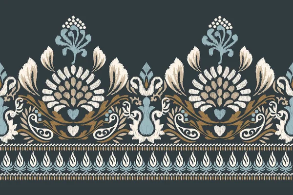 ネイビーブルーの背景にイカットの花ペイズリー刺繍 イカットの民族的な東洋のパターンの伝統 アステカスタイル抽象的なベクトルイラスト テクスチャ ファブリック ラッピング サロンのためのデザイン — ストックベクタ