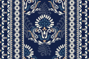 Ikat çiçekli şal desenli lacivert arka plan nakışı. Etnik oryantal desen geleneği. Doku, kumaş, elbise, ambalaj, dekorasyon, halı tasarımı..