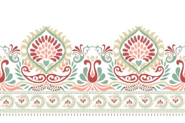 Beyaz arka plana Ikat desenli desenli işleme.Etnik oryantal desen geleneği. Doku, kumaş, giysi, ambalaj, dekorasyon, sarong, eşarp için soyut vektör çizimi.