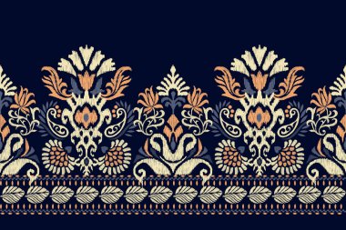 Ikat floral paisley embroidery on dark purple background.Ikat ethnic oriental pattern traditional.Aztec style abstract vector illustration.design for texture,fabric,clothing,wrapping,decoration,sarong clipart