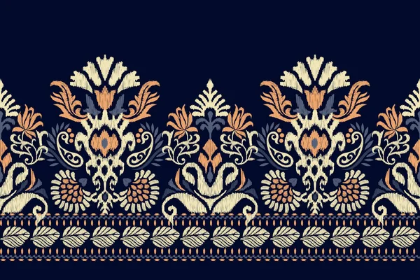 ダークパープルの背景にイカットの花のペイズリー刺繍 イカットの民族的な東洋のパターンの伝統 アステカスタイル抽象的なベクトルのイラスト テクスチャ ファブリック ラッピング サロンのためのデザイン — ストックベクタ