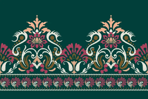 Ikat Bordado Paisley Floral Sobre Fondo Verde Ikat Patrón Étnico — Vector de stock