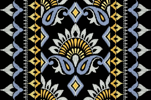Broderie Florale Paisley Hipster Ikat Sur Fond Noir Modèle Oriental — Image vectorielle