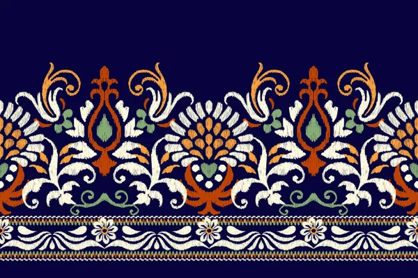 ダークパープルの背景にイカットの花のペイズリー刺繍 イカットの民族的な東洋のパターンの伝統 アステカスタイル抽象的なベクトルのイラスト テクスチャ ファブリック ラッピング サロンのためのデザイン — ストックベクタ