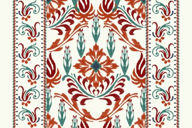 Beyaz arka plana Ikat desenli desenli işleme.Etnik oryantal desen geleneği. Doku, kumaş, giysi, ambalaj, dekorasyon, atkı, halı için soyut vektör çizimi.