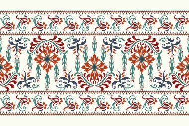 Beyaz arka plana Ikat desenli desenli işleme.Etnik oryantal desen geleneği. Doku, kumaş, giysi, ambalaj, dekorasyon, sarong, eşarp için soyut vektör çizimi.