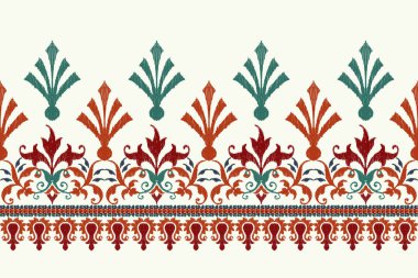 Beyaz arka plana Ikat desenli desenli işleme.Etnik oryantal desen geleneği. Doku, kumaş, giysi, ambalaj, dekorasyon, sarong, eşarp için soyut vektör çizimi.