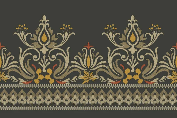 ダークグリーンの背景にイカットの花のペイズリー刺繍 イカットの民族的な東洋のパターンの伝統 アステカスタイル抽象的なベクトルのイラスト テクスチャ ファブリック ラッピング サロンのためのデザイン — ストックベクタ