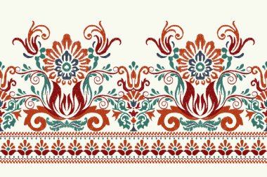 Beyaz arka plana Ikat desenli desenli işleme.Etnik oryantal desen geleneği. Doku, kumaş, giysi, ambalaj, dekorasyon, sarong, eşarp için soyut vektör çizimi.