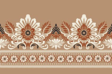 Kahverengi arka planda Ikat desenli desenli işleme.Etnik oryantal desen geleneği. Doku, kumaş, giysi, ambalaj, dekorasyon, sarong, eşarp için soyut vektör çizimi.