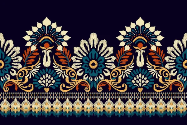 黒の背景にイカットの花ペイズリー刺繍 イカットの民族的な東洋のパターンの伝統 アステカスタイル抽象的なベクトルのイラスト テクスチャ ファブリック ラッピング サロン スカーフのためのデザイン — ストックベクタ