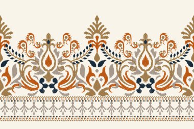 Beyaz arka plana Ikat desenli desenli işleme.Etnik oryantal desen geleneği. Doku, kumaş, giysi, ambalaj, dekorasyon, sarong, eşarp için soyut vektör çizimi.