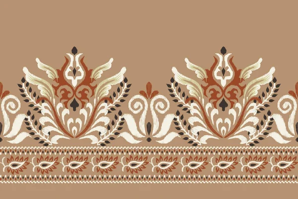 茶色の背景にイカットの花ペイズリー刺繍 イカットの民族的な東洋のパターンの伝統 アステカスタイル抽象的なベクトルのイラスト — ストックベクタ