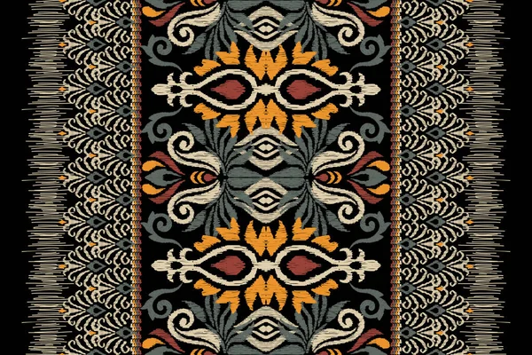 伊卡特花绣花绣花在黑色背景上 伊卡特族东方图案传统 阿兹特克风格的抽象矢量插图 装饰设计 — 图库矢量图片