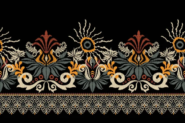 Hipster Ikat Blumenpaisley Stickerei Auf Schwarzem Hintergrund Ikat Ethnische Orientalische — Stockvektor