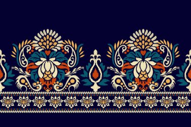 Koyu mor arkaplan üzerine Ikat desenli desenli işlemeler. Etnik oryantal desen geleneği. Doku, kumaş, kıyafet, ambalaj, dekorasyon, sarong için tasarım.