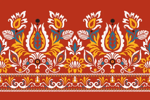 赤い背景にイカットの花ペイズリー刺繍 イカットの民族的な東洋のパターンの伝統 アステカスタイル抽象的なベクトルのイラスト テクスチャ サロン スカーフのためのデザイン — ストックベクタ
