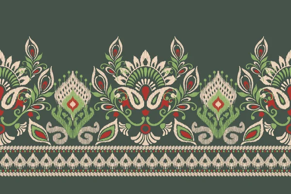Ikat Bordado Paisley Floral Sobre Fondo Verde Ikat Patrón Étnico — Archivo Imágenes Vectoriales