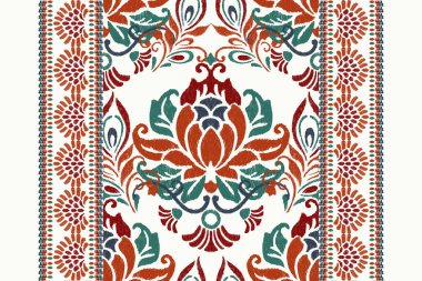Beyaz arka plana Ikat desenli desenli işleme.Etnik oryantal desen geleneği. Doku, kumaş, giysi, ambalaj, dekorasyon, atkı, halı için soyut vektör çizimi.