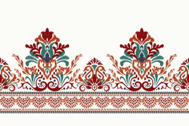Beyaz arka plana Ikat desenli desenli işleme.Etnik oryantal desen geleneği. Doku, kumaş, giysi, ambalaj, dekorasyon, sarong, eşarp için soyut vektör çizimi.