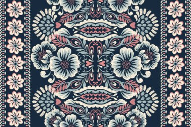 Ikat floral paisley embroidery on navy blue background.Ikat ethnic oriental pattern traditional.Aztec style abstract vector illustration.design for texture,fabric,clothing,wrapping,decoration,carpet. clipart