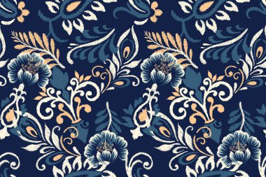 Ikat çiçekli şal desenli lacivert arka plan nakışı. Etnik doğuya özgü dikişsiz desen geleneği. Doku, kumaş, giysi, ambalaj, dekorasyon için tasarım.